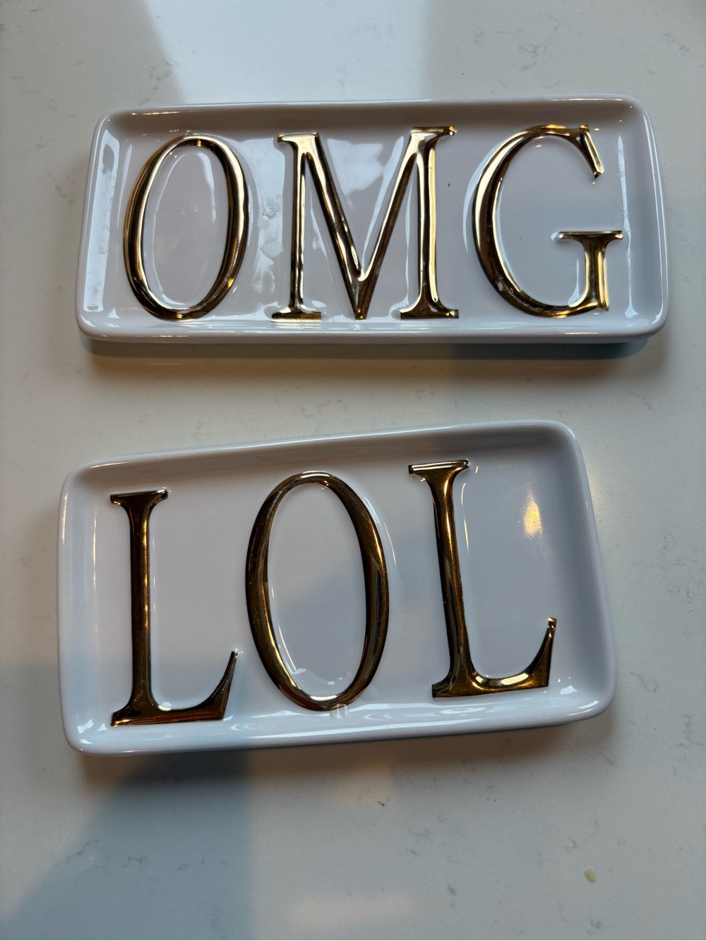 Pottery Barn White Ceramic Trinket Trays with Gold Lettering - OMG & LOL